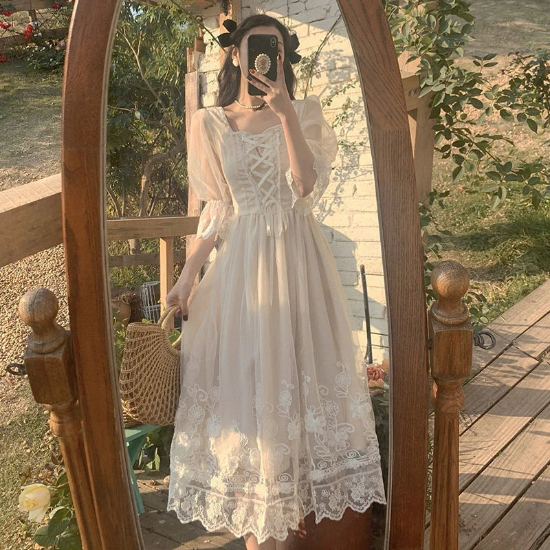Floral Retro Tea Dress with Flowing Skirt in White Colour