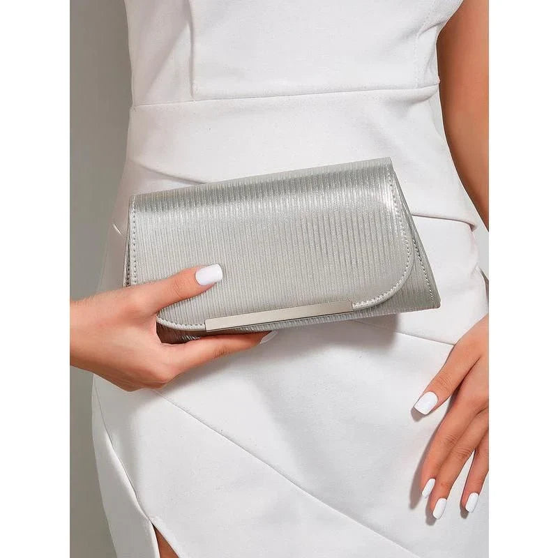 Elegant shiny striped PU leather evening clutch bag with long chain, perfect for formal events and everyday use