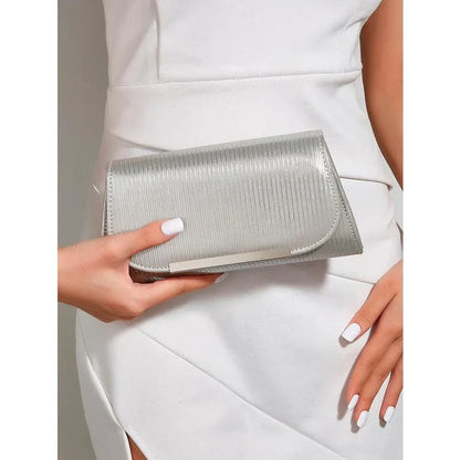 Elegant shiny striped PU leather evening clutch bag with long chain, perfect for formal events and everyday use