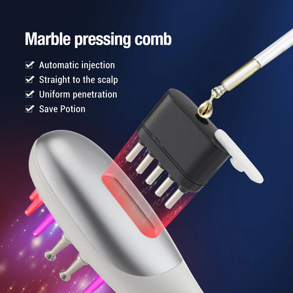 An electric hair growth comb with infrared and blue light therapy, designed to stimulate hair follicles and promote healthier, stronger hair growth.