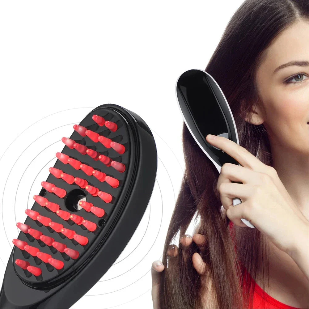 A sleek and compact electric scalp massager with micro-current stimulation and blue/red light therapy for promoting hair growth and scalp health