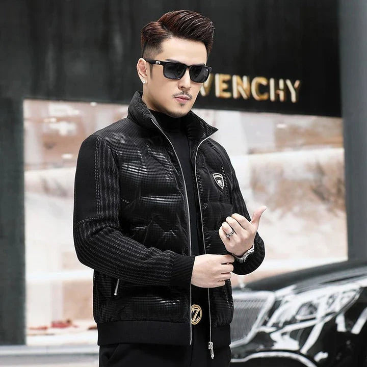 Warm and weatherproof men's down jacket with stand collar and knitted sleeves, made from premium polyester fibre and filled with luxurious duck down