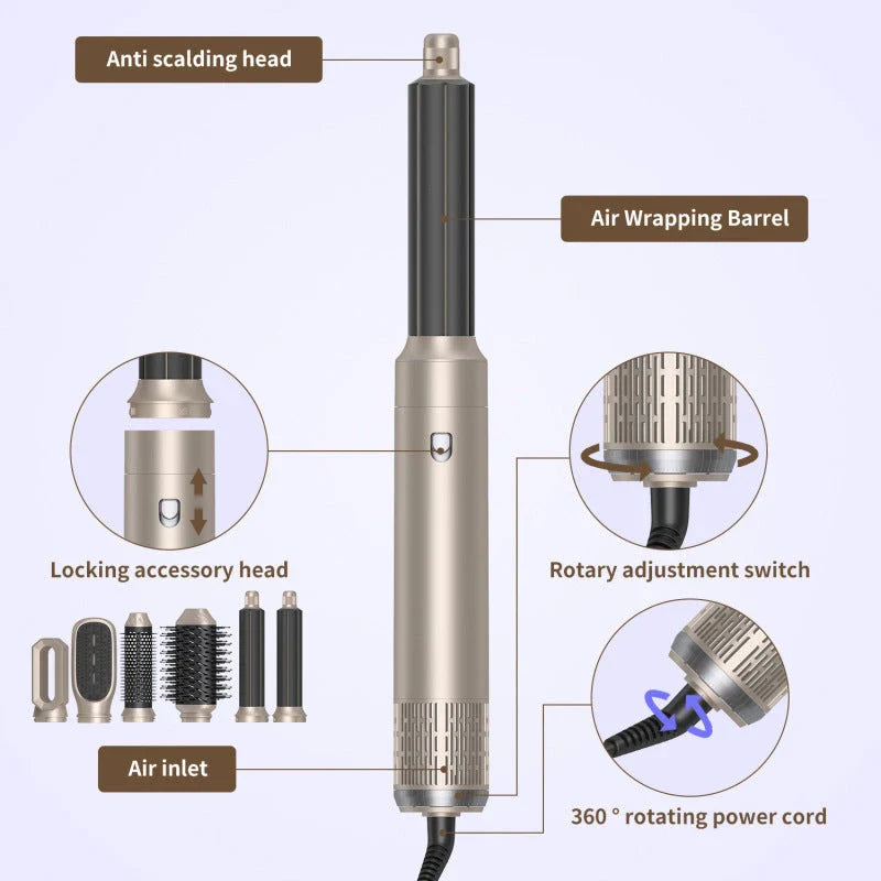 A 6-in-1 multifunctional hot air comb with multiple heat settings, rotating barrel, and interchangeable brush heads for versatile styling