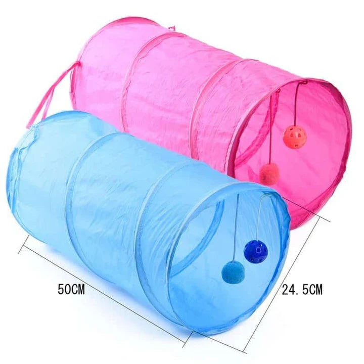 Colourful tunnel toy for cats with two bouncing balls, made from premium nylon and polyester materials