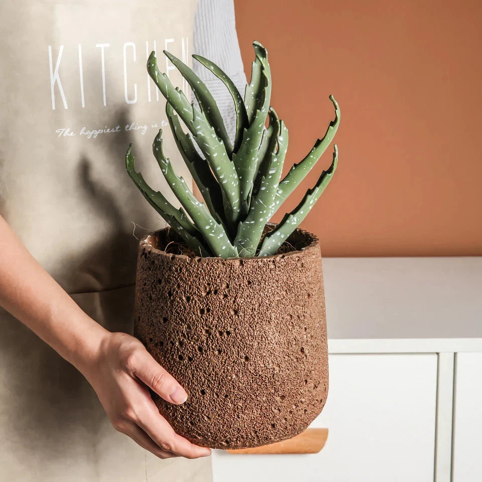A modern, perforated cement bonsai planter in a Nordic-inspired design, available in various sizes and colours.