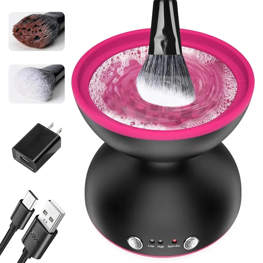 Electric USB makeup brush cleaner and dryer with silicone collar and automatic spinning action for thorough cleaning and drying of makeup brushes