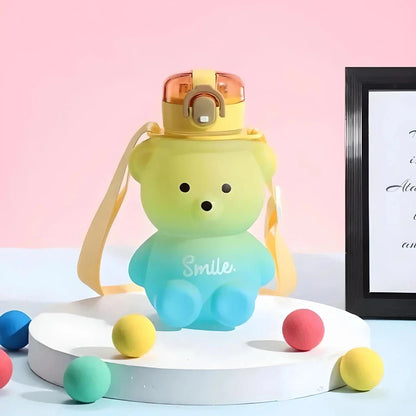 Charming gradient bear-patterned reusable water bottle with straw for convenient hydration on the go
