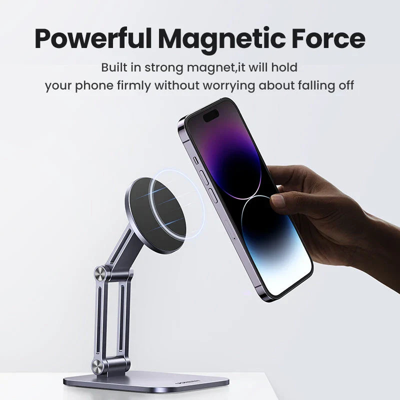 Magnetic phone holder with adjustable stand and 360-degree rotation for hands-free convenience
