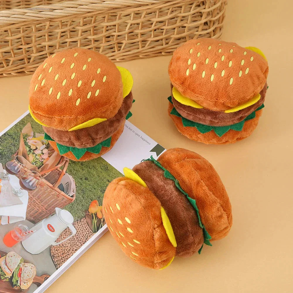 Adorable plush squeaky burger toy for dogs and cats, designed for long-lasting play and chewing comfort