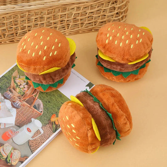Adorable plush squeaky burger toy for dogs and cats, designed for long-lasting play and chewing comfort