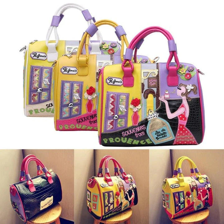 Stylish European and American-inspired women's tote bag with cartoon embroidery, suitable for use as a handbag, shoulder bag, or travel bag