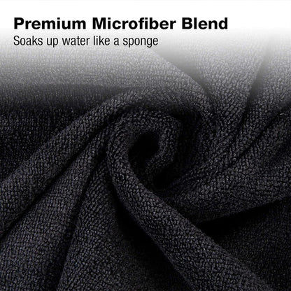 Premium microfibre salon towels in black, featuring a large size, lightweight and highly absorbent design for efficient hair drying