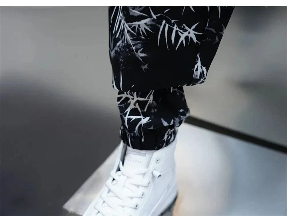 Men's Summer Harem Pants with Floral Print - Relaxed Fit, Lightweight Ice Silk Fabric, Drawstring Waist