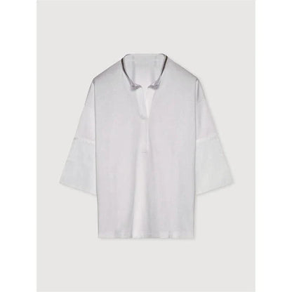 Stylish bead-embellished split-hem t-shirt in white, designed for the modern British woman with a touch of elegance and comfort.