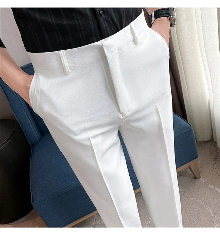 Premium men's suit trousers in a variety of colours, featuring a subtle textured drape and exceptional stretch for all-day comfort and style.