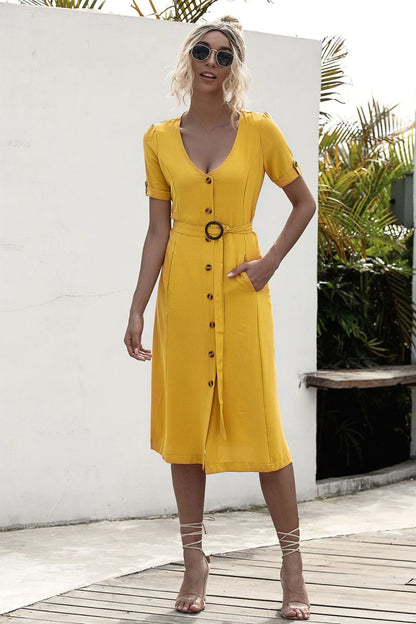 Stylish lace-up button dress in a soft, breathable cotton-blend fabric with a flattering middle waist silhouette