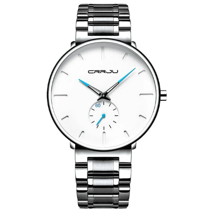 A stylish stainless steel waterproof watch with a sleek design and various coloured needle options
