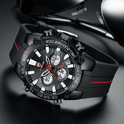 Multifunctional men's waterproof quartz watch with stainless steel case and silicone strap in rose gold black colour