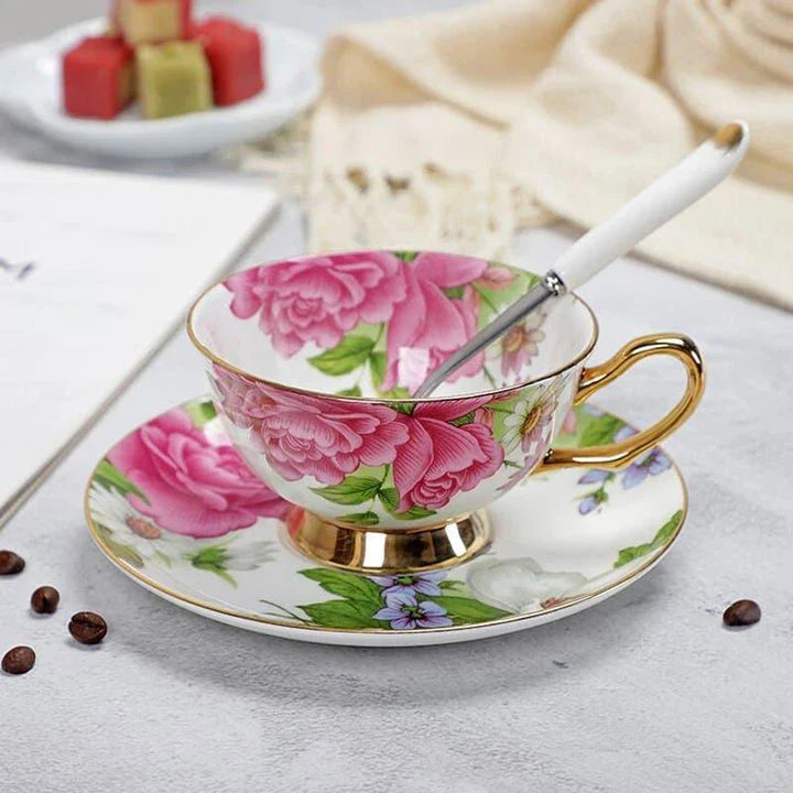 Charming floral porcelain tea set with cup, saucer, and spoon in a variety of delicate colour options