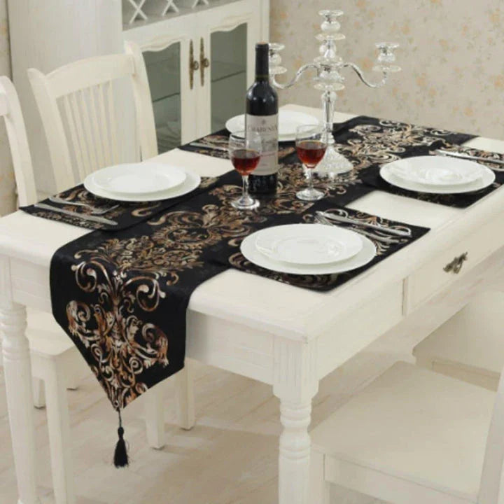 Elegant golden ornament table runner with intricate embroidery, adding a touch of regal charm to any dining setting.