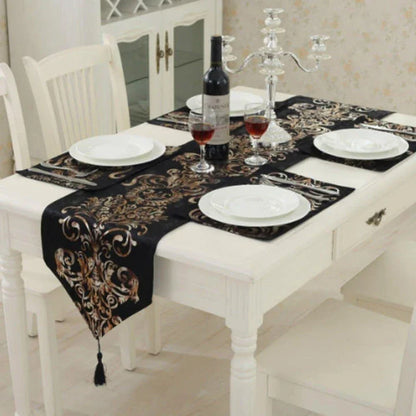 Elegant golden ornament table runner with intricate embroidery, adding a touch of regal charm to any dining setting.