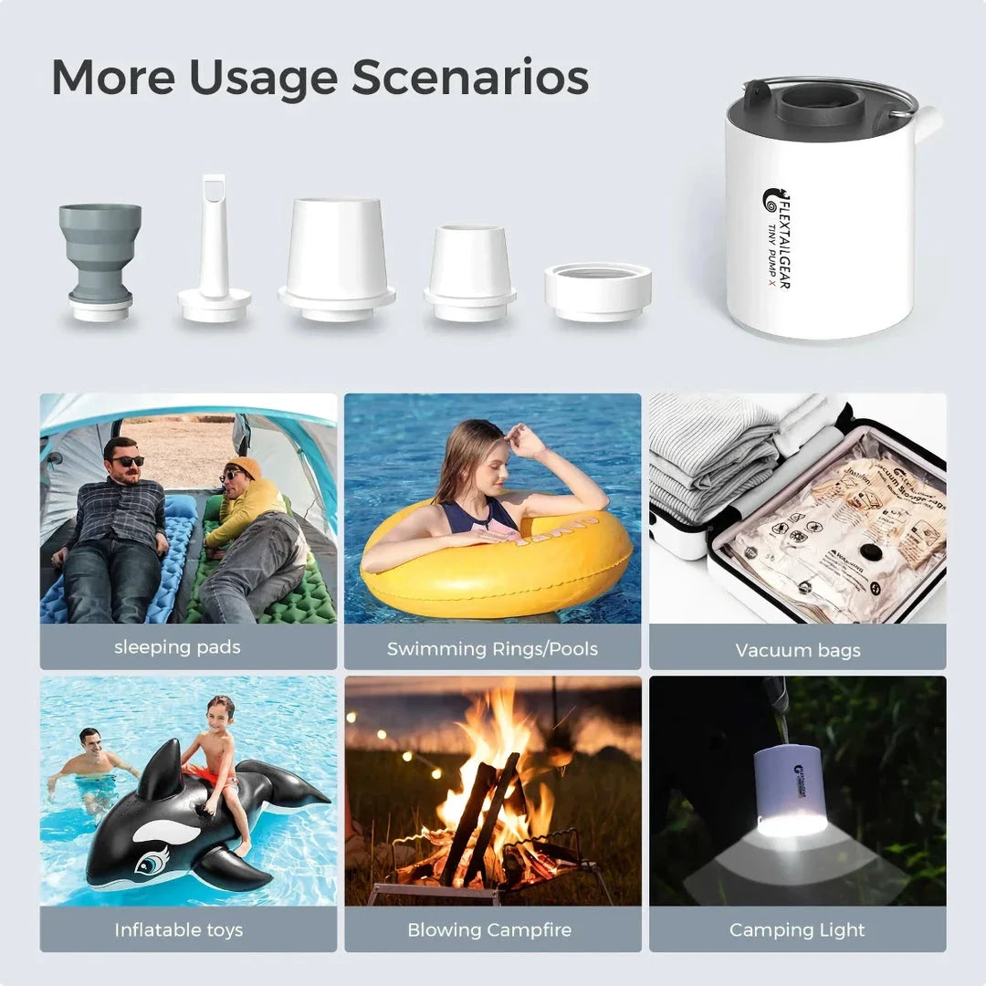 Compact portable electric air pump with built-in LED light for outdoor adventures and storage solutions