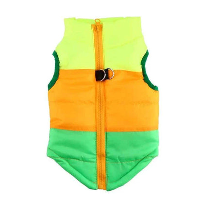 A cosy and stylish winter jacket for pets, featuring vibrant printed patterns and a snug, comfortable fit.