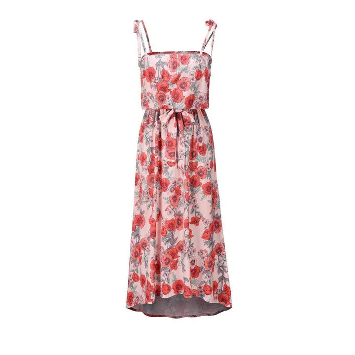 A premium printed camisole dress in a vibrant red colour, featuring a flattering mid-length skirt and high-waist design for a sophisticated, feminine look.