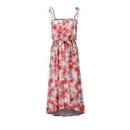 A premium printed camisole dress in a vibrant red colour, featuring a flattering mid-length skirt and high-waist design for a sophisticated, feminine look.