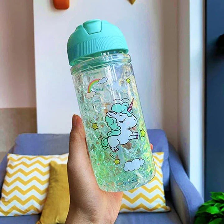 A blue water bottle with a unicorn print design and two straws, perfect for staying hydrated in a magical way.
