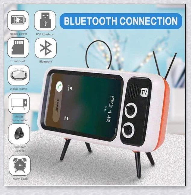 Retro TV-inspired phone stand with built-in Bluetooth speaker for hands-free entertainment and music playback
