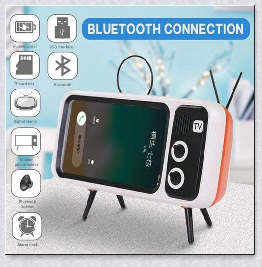 Retro TV-inspired phone stand with built-in Bluetooth speaker for hands-free entertainment and music playback