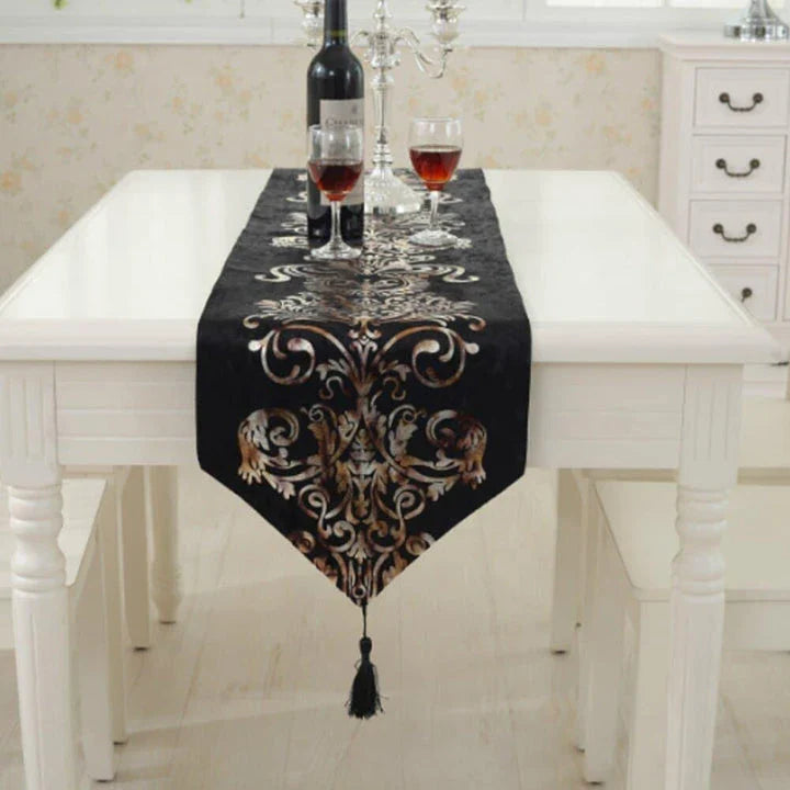 Elegant golden ornament table runner with intricate embroidery, adding a touch of regal charm to any dining setting.
