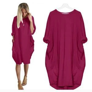 Stylish loose maxi dress with swing stitching detail in various colours, including grey, black, army green, and pink.