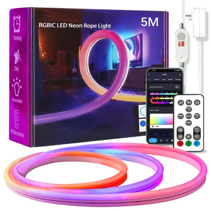 Colour-changing outdoor ambience light with vibrant neon strip illumination and weatherproof design