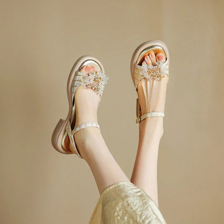 Premium genuine leather gladiator sandals with chunky square heel, adjustable strap, and unique checkered pattern design