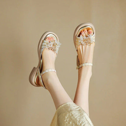 Premium genuine leather gladiator sandals with chunky square heel, adjustable strap, and unique checkered pattern design