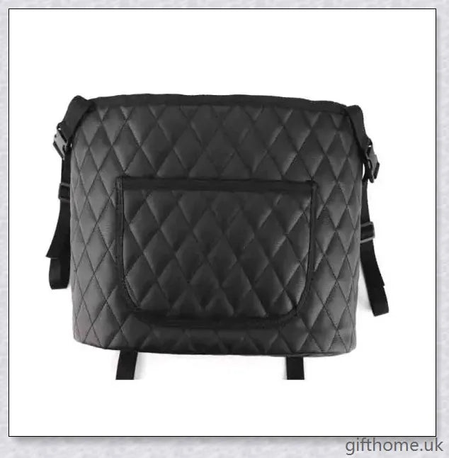 Premium car storage bag with handbag holder and seat organiser, made of durable PU leather and PP plastic, with flexible cleaning brush