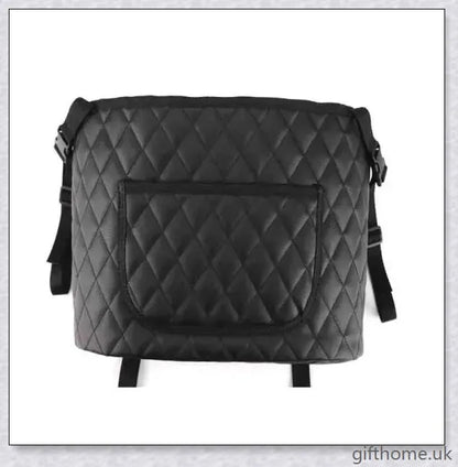 Premium car storage bag with handbag holder and seat organiser, made of durable PU leather and PP plastic, with flexible cleaning brush