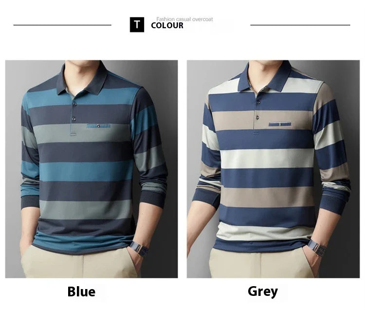 Premium Striped Long Sleeve Polo Shirt in Gray for Gentlemen - Soft, Breathable Fabric, Colour-Block Design, Versatile Casual-to-Smart Styling