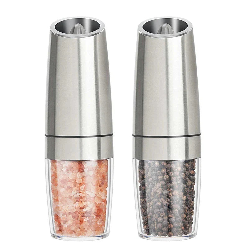 Premium electric automatic salt and pepper mill with adjustable coarseness, battery-operated, and LED light for precise seasoning