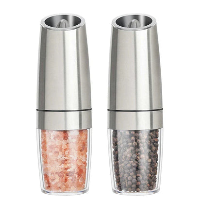 Premium electric automatic salt and pepper mill with adjustable coarseness, battery-operated, and LED light for precise seasoning