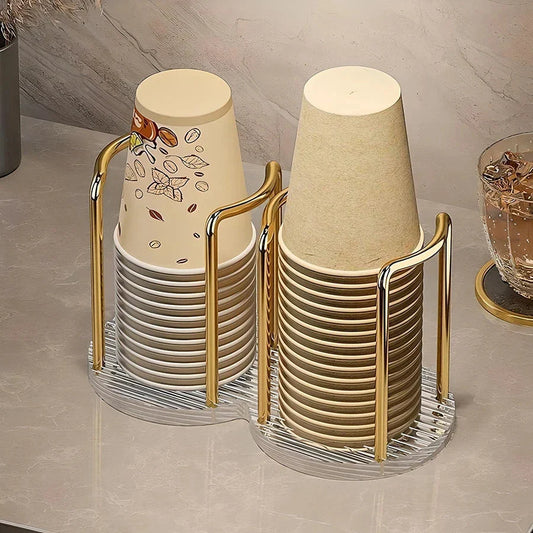 Elegant gold and silver disposable cup organiser with longer stand, designed for easy access and a sophisticated look in homes, offices, and cafes.
