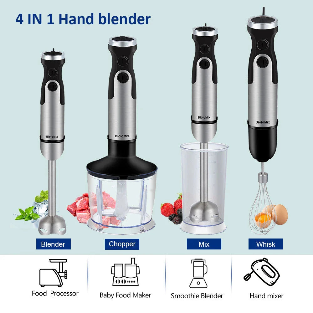 A powerful 1200W 5-in-1 immersion hand blender with stainless steel construction, various attachments, and a sleek design for efficient kitchen use.