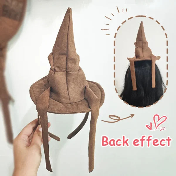 Sortband Halloween Witch Hat Headband in red, green, and brown colours with a detachable witch hat design
