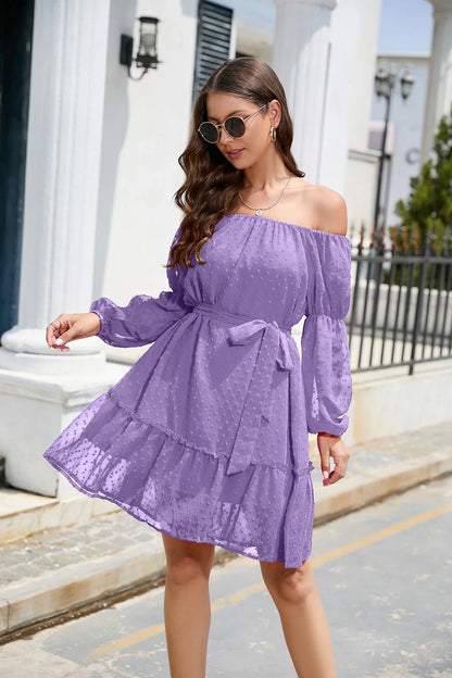 Stylish one-shoulder chiffon dress with ruffled bubble dot design, available in various sizes and blue colour