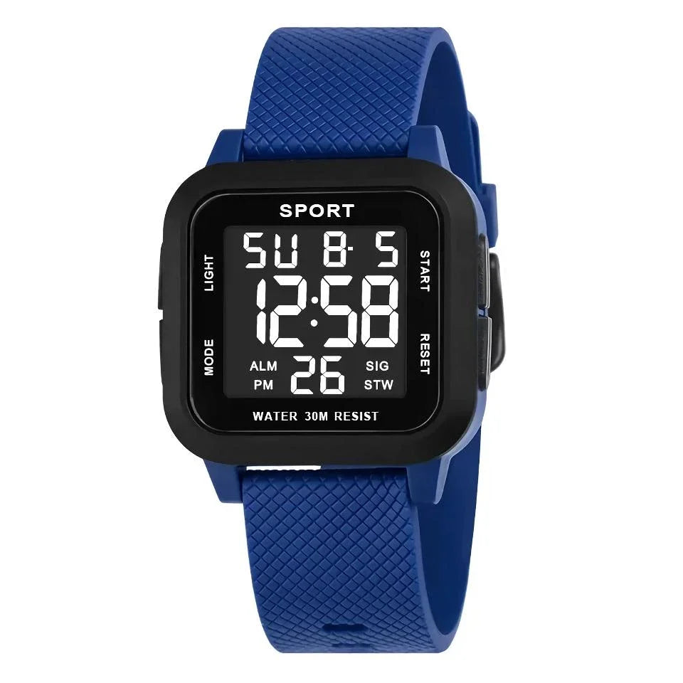 Rugged LED military sports watch with shock-resistant rubber case and tough TPU band, designed for adventurous men in the UK