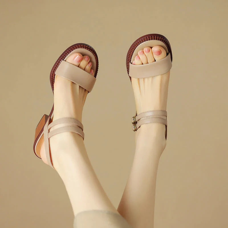 Elegant retro high heel leather sandals in khaki colour, with a sleek design and premium leather construction