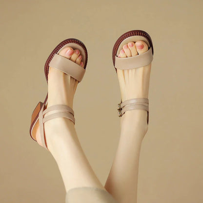 Elegant retro high heel leather sandals in khaki colour, with a sleek design and premium leather construction