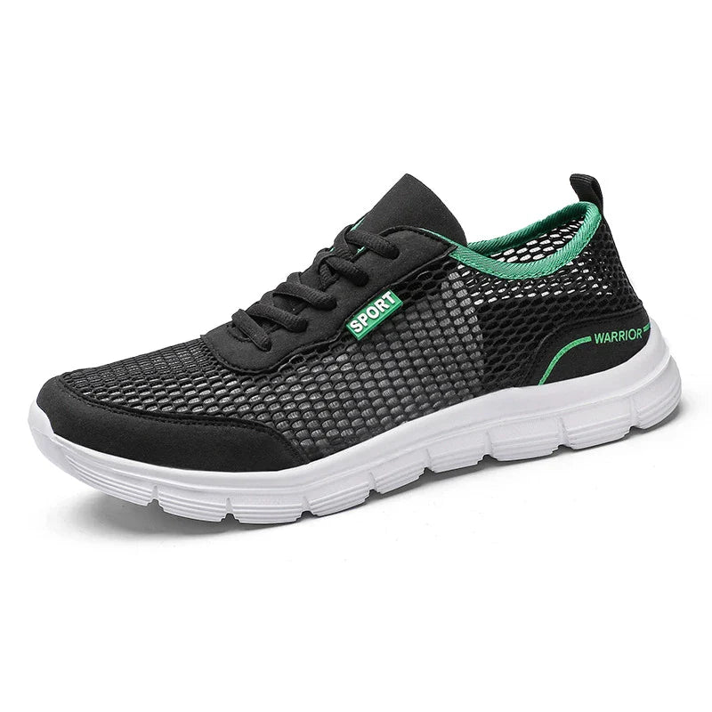 Breathable men's sports shoes with mesh design, available in blue, black, and gray colours